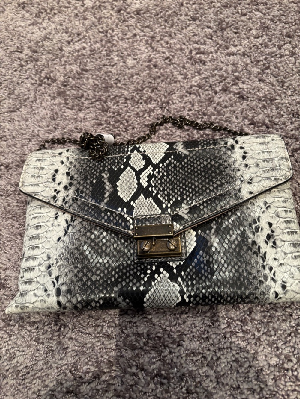 J. Crew Factory Black & White Snake-Print Chain Clutch